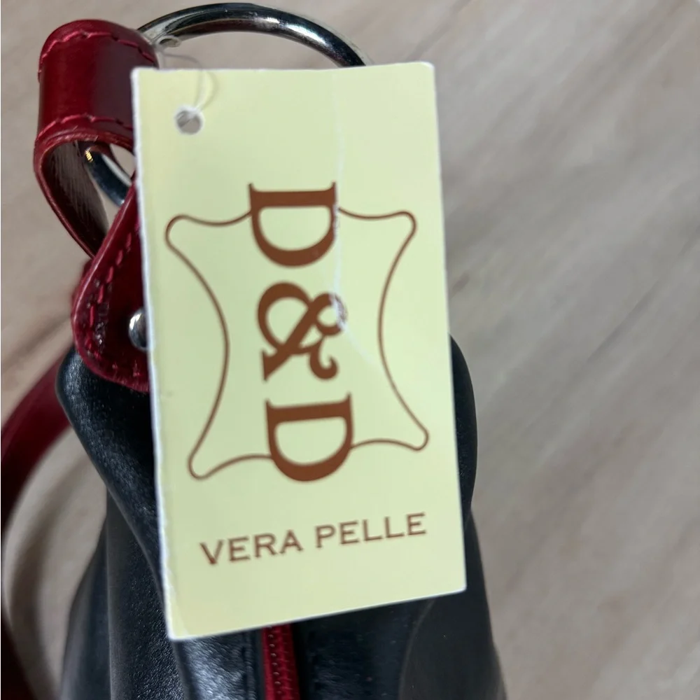 Vera Pelle D&D Black and Red Leather Shoulder Crossbody Bag Made in Italy NWT